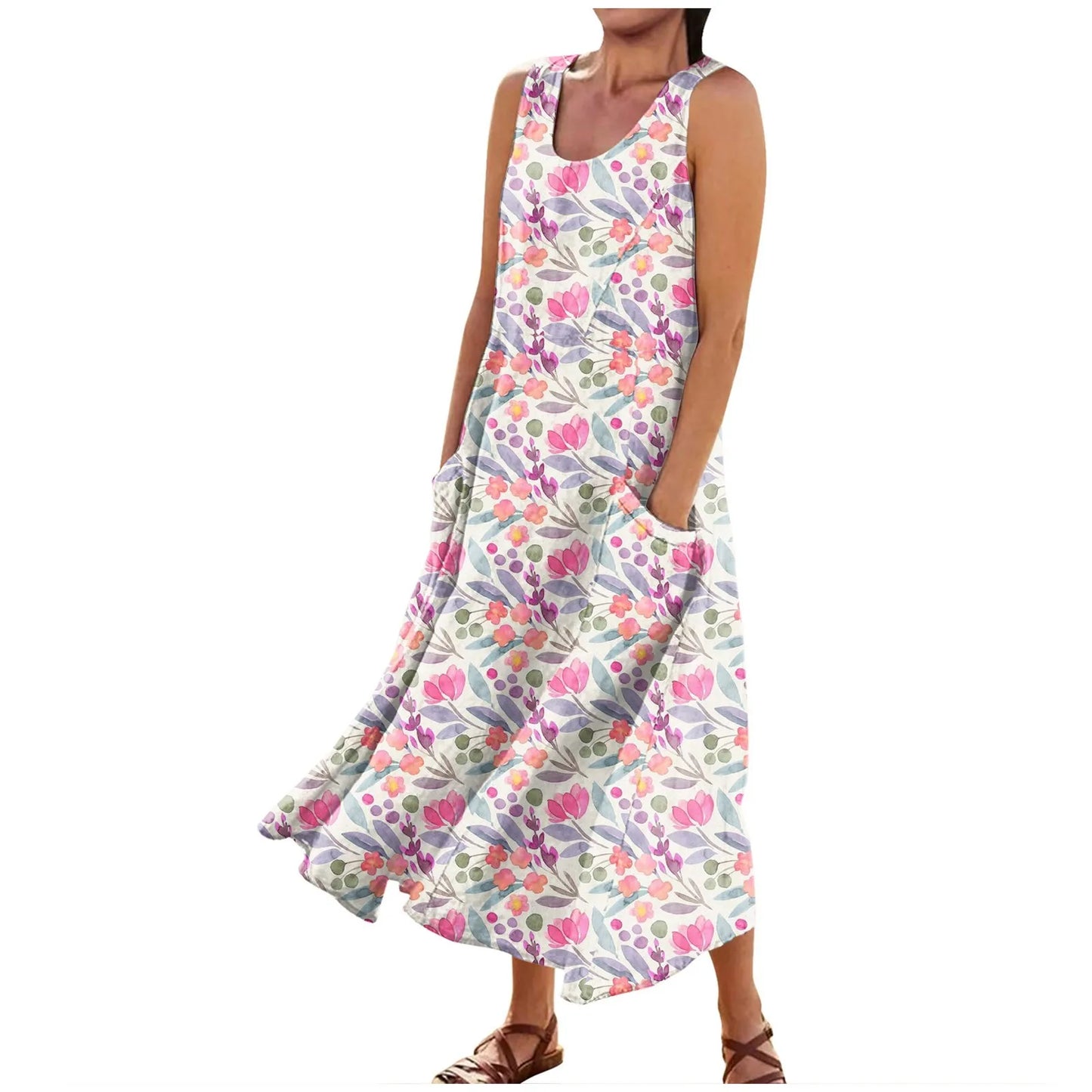 CD | Femei Boho florale imprimate plaja rochie lungă moda rotund gât Suspender rochii elegante Casual vrac confortabil rochie 2024