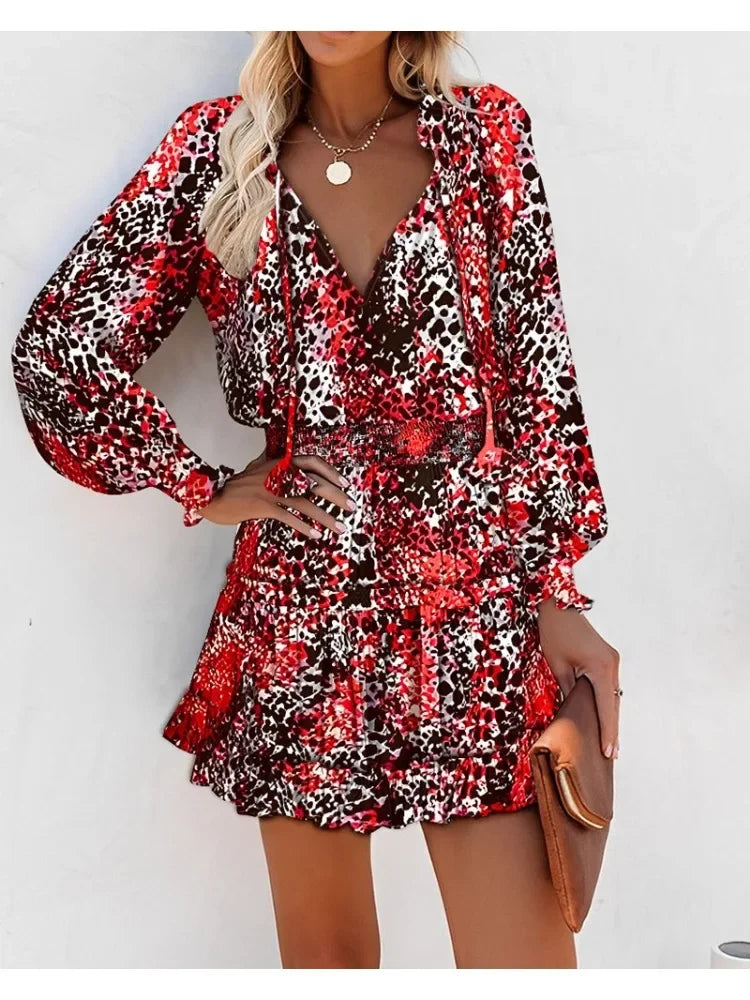 CD | Femei de primăvară Moda Casual florale imprimare Lantern maneca lung maneca V gât Ruffle Mini talie rochie