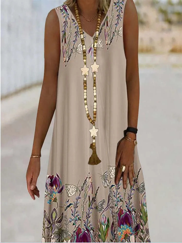 CD | Femei fără mâneci V-Neck Dress Plant Print Rochii Floral Model plaja Casual Top Vara Îmbrăcăminte Sexy 2024