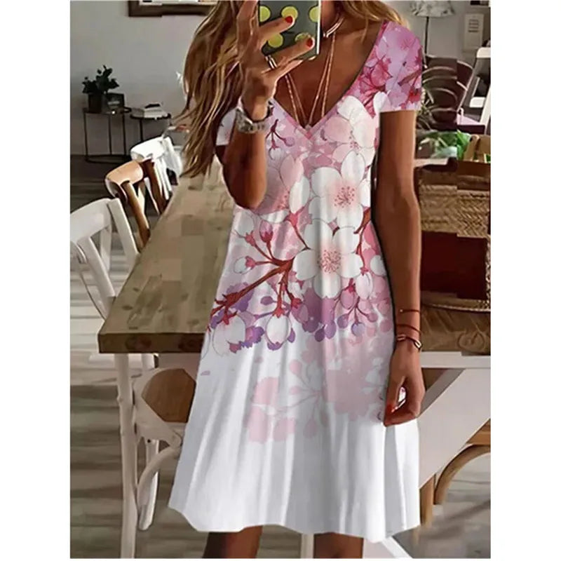 CD | Femei Summer Short Sleeve V-Neck Casual Dress 3D Vintage Floral Printed Elegant Knee-Length Dress S-3XL Lady Vestidos