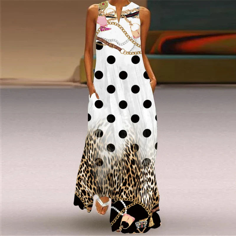 CD | 2024 New European and American Cross border Summer Long Dress Women Sleeveless V-Neck Printed Sexy