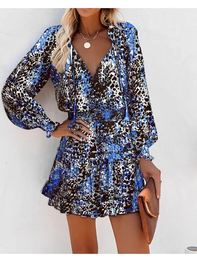 CD | Femei de primăvară Moda Casual florale imprimare Lantern maneca lung maneca V gât Ruffle Mini talie rochie