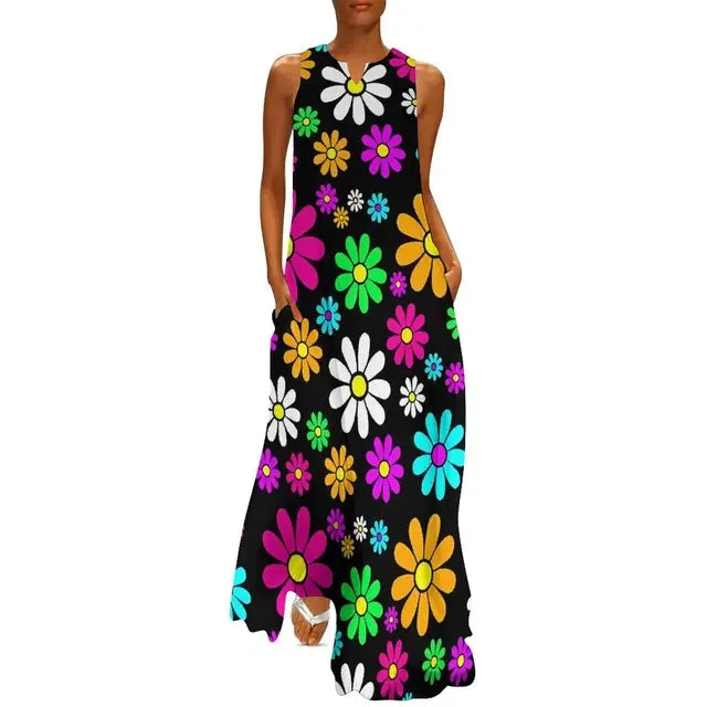 CD | Flower Power Women Rochie Vara Retro Floral Print Street Wear Bohemia Rochie lungă Womens Sleeveless Sexy Maxi Dress Big Size 3XL