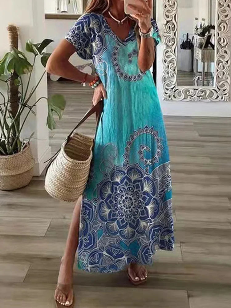CD | Geometric neregulate imprimate T-shirt rochie lungă Femei de vară rotund gât scurt maneca A-Line rochie Casual Holiday Robe
