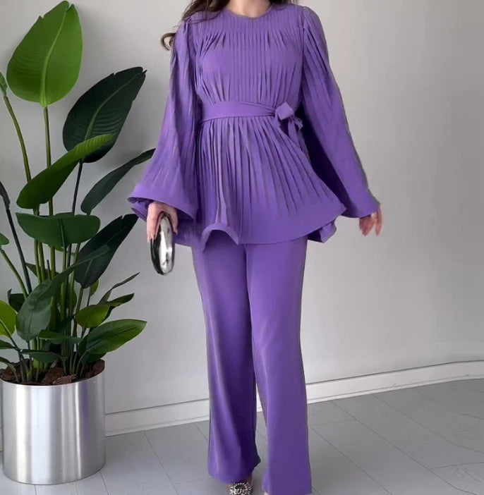 CD | Set trendy format dintr-o bluză cu mânecă lungă și pantaloni largi pentru femei