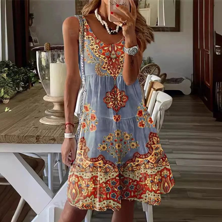 CD | 2024 Noi europene și americane de vară imprimate fără mâneci v-neck vestă rochie moda de vacanță imprimate rochie pentru femei