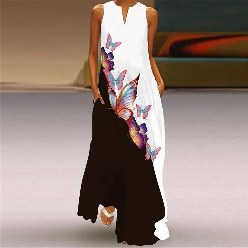 CD | 2024 New European and American Cross border Summer Long Dress Women Sleeveless V-Neck Printed Sexy
