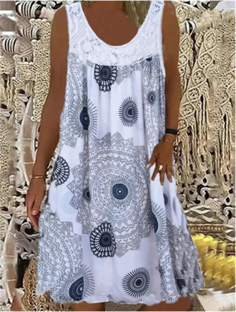 CD | Elegant Lace Splice O Neck Dresses Women Summer Comfortable Casual Sleeveless Dress Vintage Print Female Loose Midi Dress 2024
