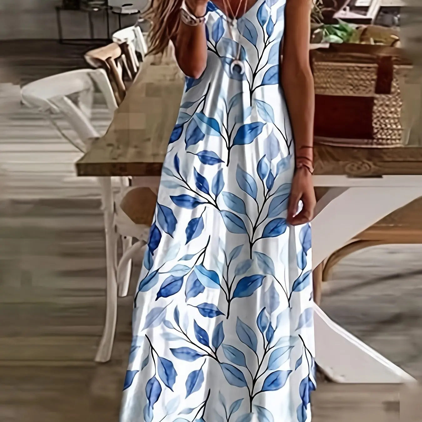 CD | Fresh Geometric Print imprimate V-neck Suspender rochie lungă de vară de vacanță gleznă-lungime plajă și mare Suspender rochie