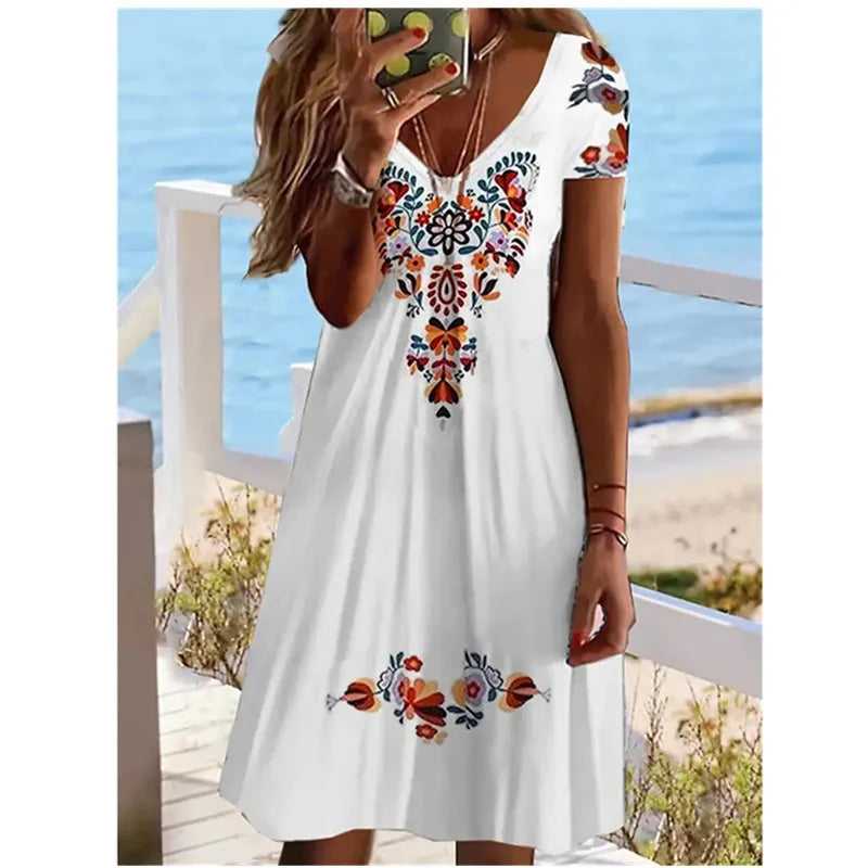 CD | Femei Summer Short Sleeve V-Neck Casual Dress 3D Vintage Floral Printed Elegant Knee-Length Dress S-3XL Lady Vestidos