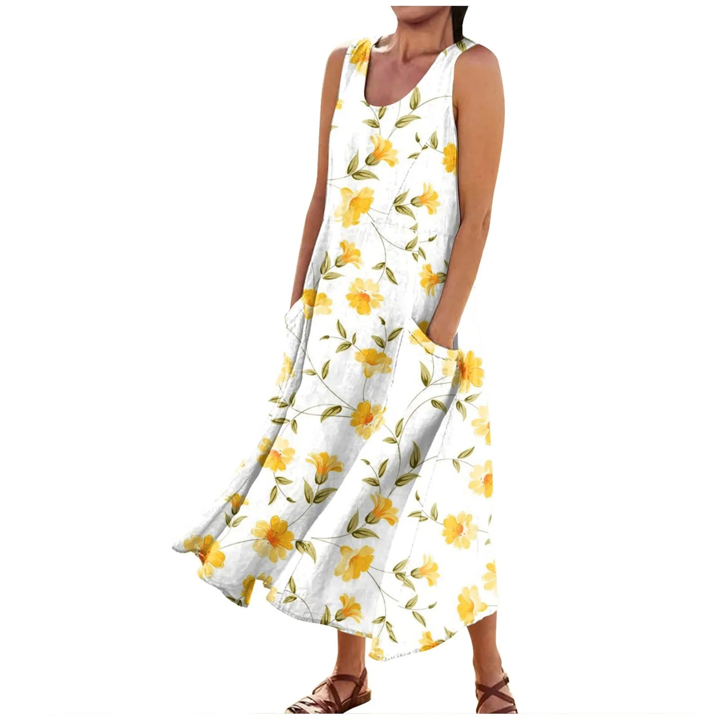 CD | Femei Boho florale imprimate plaja rochie lungă moda rotund gât Suspender rochii elegante Casual vrac confortabil rochie 2024