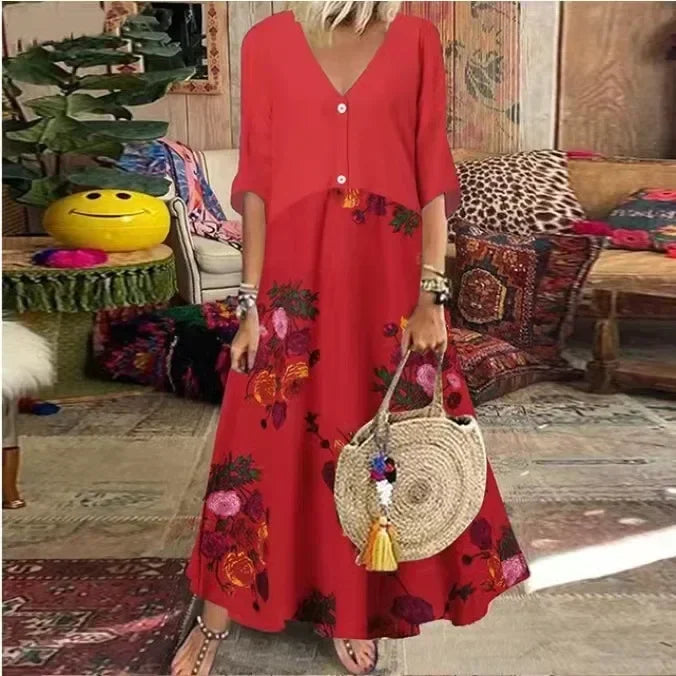 CD | 2025 Primăvară Oversize rochie lungă pentru femei imprimare V-Neck cu mânecă scurtă buton vrac A-Line rochii Femei Casual Elegant îmbrăcăminte pentru femei