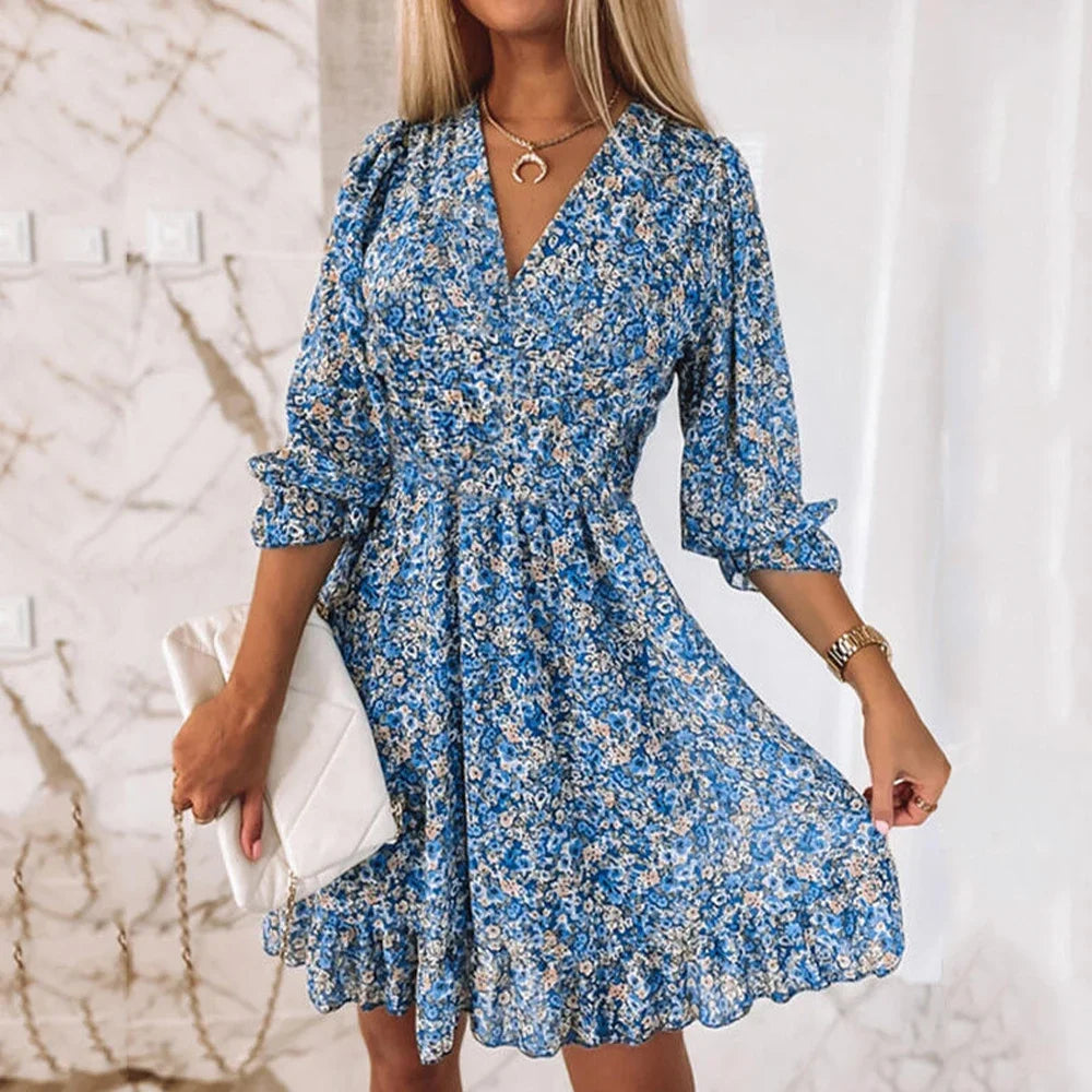 CD | Floral Print Dress Femei V-Neck Short Sleeve A Line Elegant Dress Lady Sweater Summer Short Bohemian Party Dresses