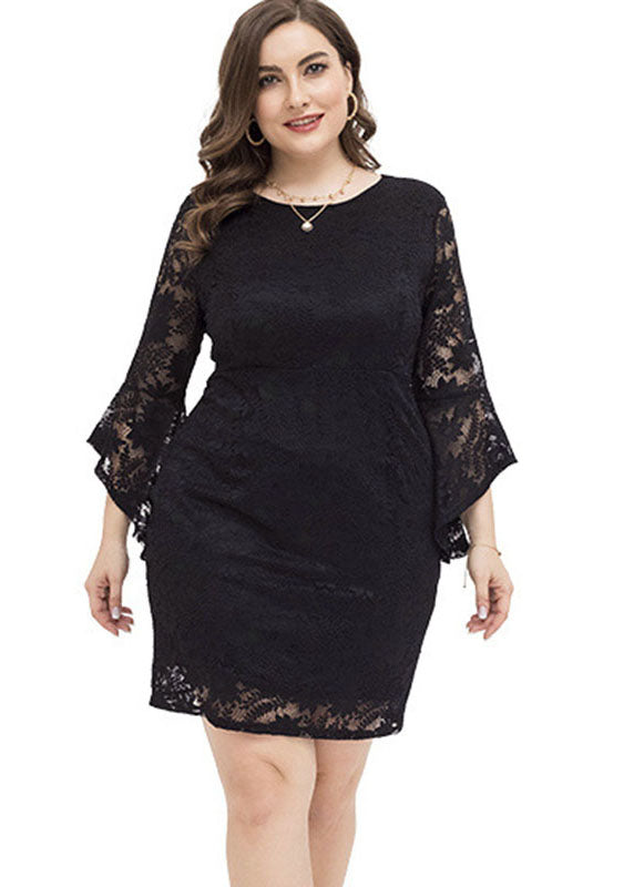 Black O-neck Lace Mid Dresses Fall