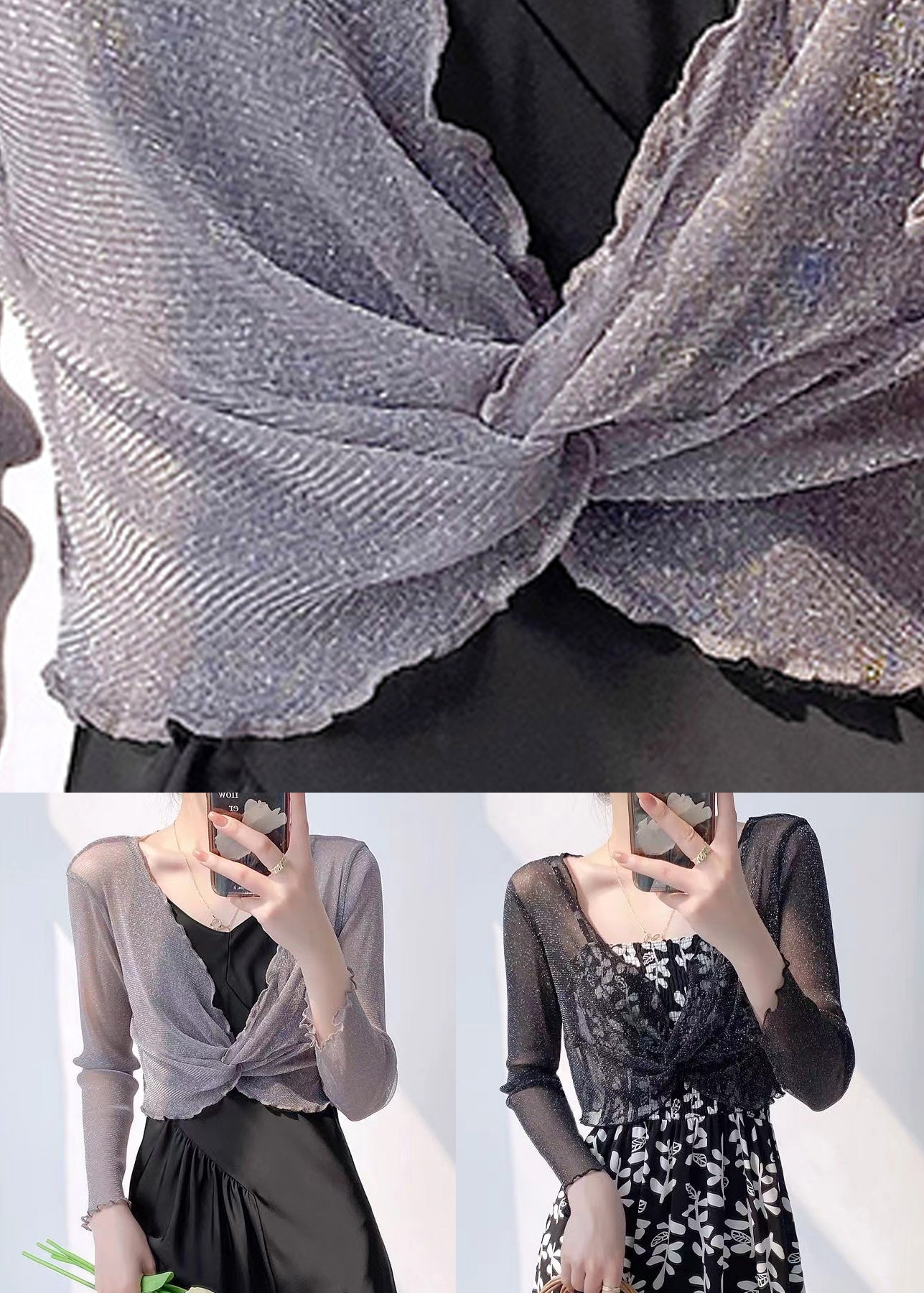 Grey V Neck Wrinkled Tulle Top Long Sleeve