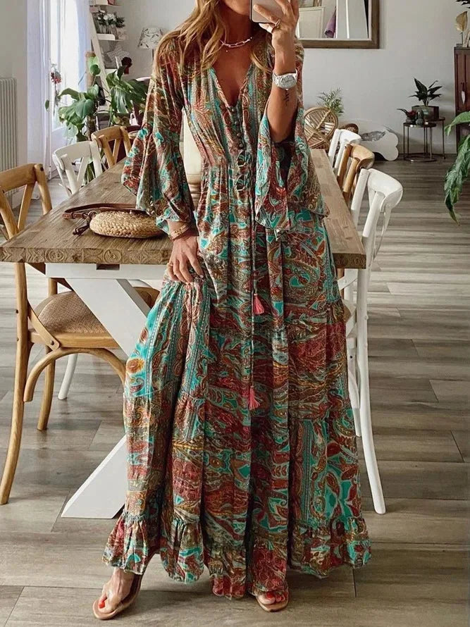 CD | 2023Cross frontieră boemă stil evazat mâneci imprimate v-neck mare rochie de vacanță cu talie florale rochie florale pentru femei