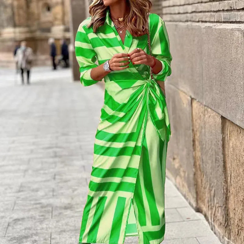 CD | 2024 AliExpress Europene și americane transfrontaliere noua moda imprimate cămașă guler dantelă până midi rochie cu dungi