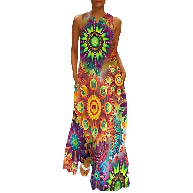 CD | Flower Power Women Rochie Vara Retro Floral Print Street Wear Bohemia Rochie lungă Womens Sleeveless Sexy Maxi Dress Big Size 3XL