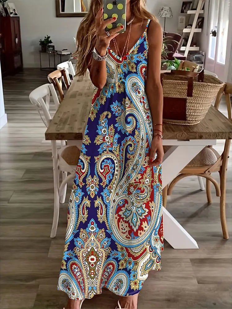 CD | 2024 New Vintage Ethnic Print Ladies Elegant Dress Summer Ladies Casual Sleeveless Dress Street Fashion Ladies Long Dress