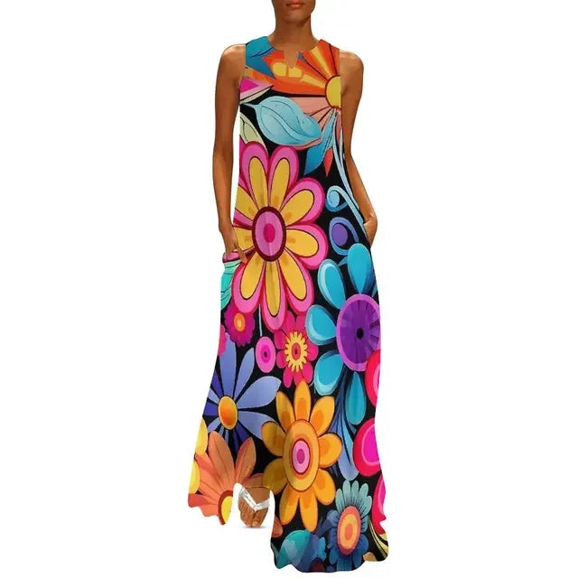 CD | Flower Power Women Rochie Vara Retro Floral Print Street Wear Bohemia Rochie lungă Womens Sleeveless Sexy Maxi Dress Big Size 3XL