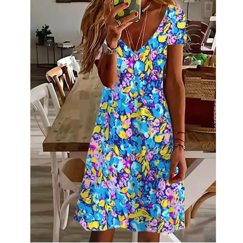 CD | Femei Summer Short Sleeve V-Neck Casual Dress 3D Vintage Floral Printed Elegant Knee-Length Dress S-3XL Lady Vestidos