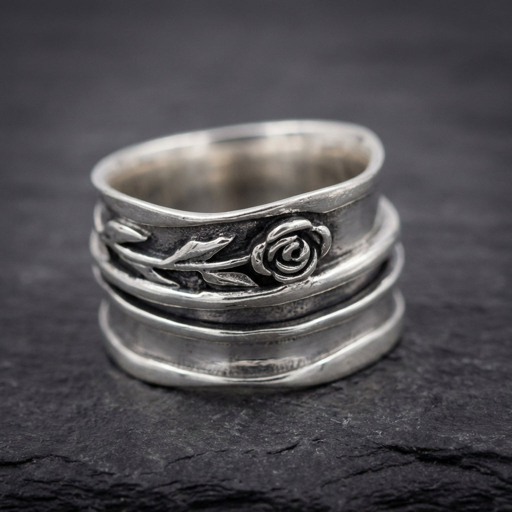 Silver Floral Engraved Statement Ring
