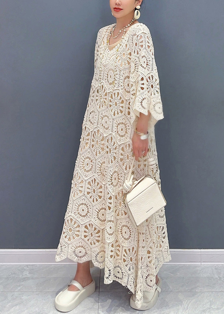 Simple Apricot O-neck Hollow Out Knit Maxi Dress Long Sleeve