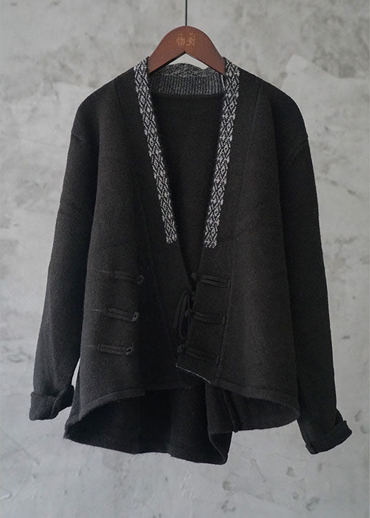 Simple Black Button Embroideried Asymmetrical Design Fall Knit Sweater