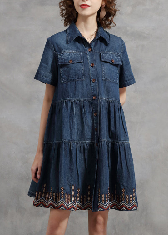 Simple Blue Button Pocket Peter Pan Collar Cotton Vacation Dresses Short Sleeve