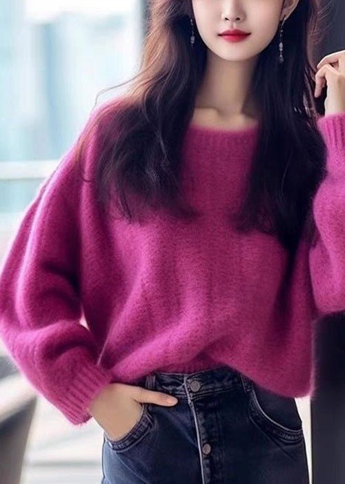 Simple Purple O Neck Cozy Cotton Knit Sweaters Long Sleeve