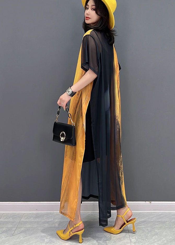 Simple Yellow Black O-neck Side Open Hollow Out Tulle Dress Long Smock Short Sleeve