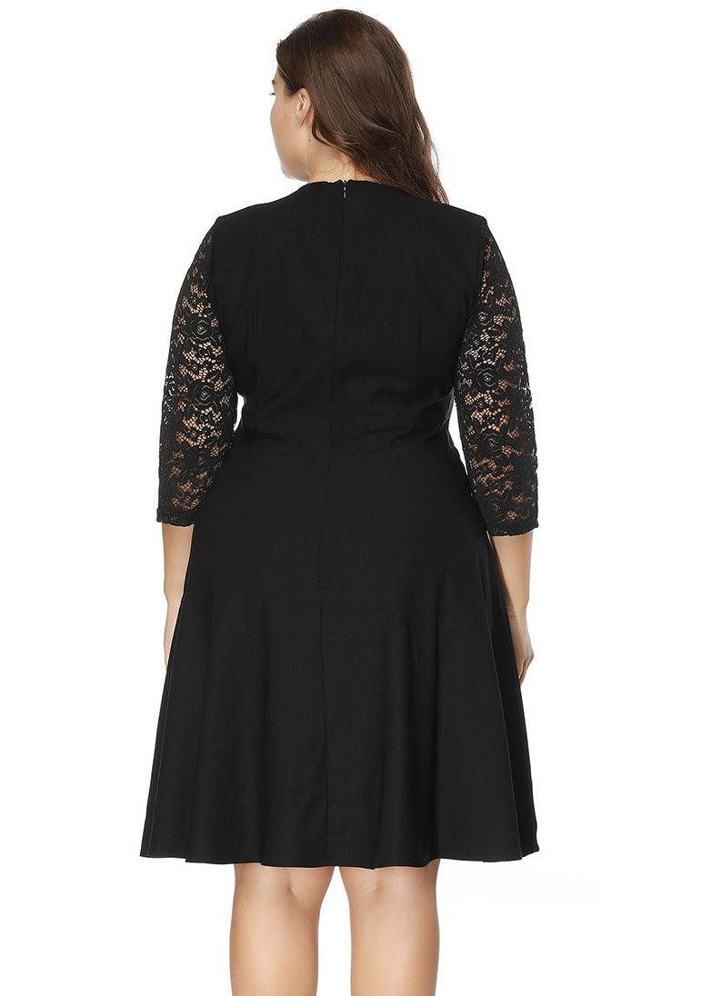 Slim Fit Black O-neck Lace Patchwork Cotton Mid Dresses Bracelet Sleeve