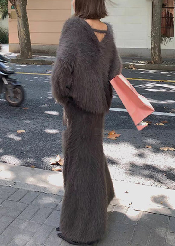 Stylish Grey Mink Hair Knitted Sweaters and Maxi Skirts Two Piece Set Winter