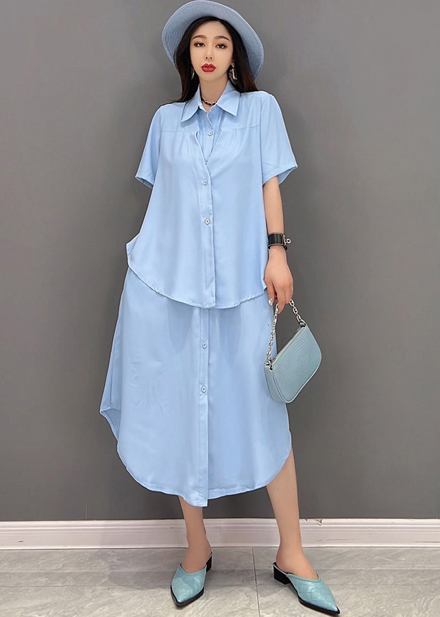 Stylish Blue Peter Pan Collar Patchwork Chiffon Fake Two Piece Shirt Dresses Short Sleeve