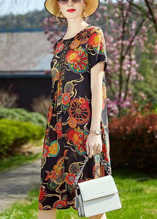 Black O-neck Print Wrinkled Silk Mid Dresses Short Sleeve