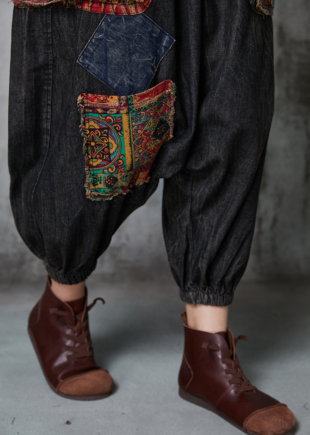 Black Oversized Patchwork Denim Harem Pants Spring