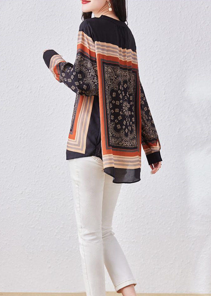 Black V Neck Print Patchwork Chiffon Blouses Long Sleeve