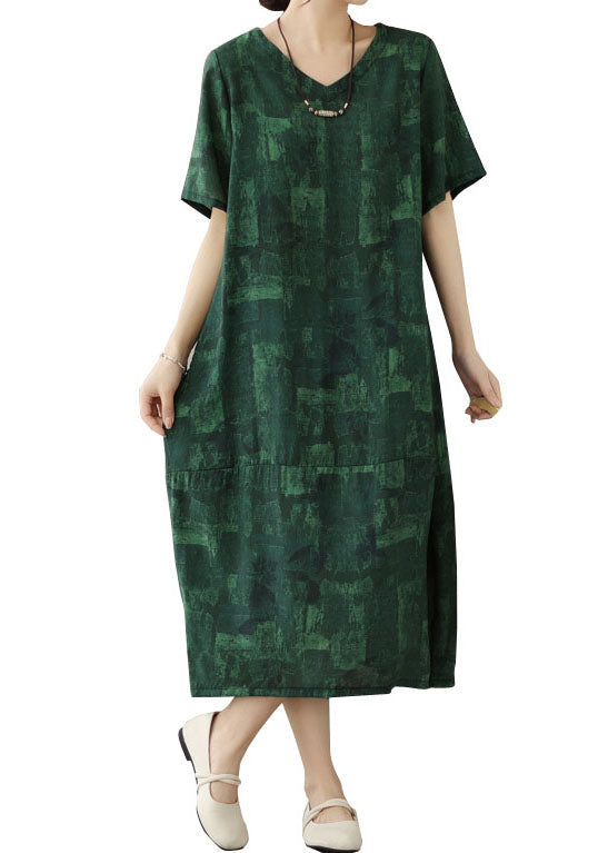 Blackish Green V Neck Print Patchwork Cotton Dress Summer