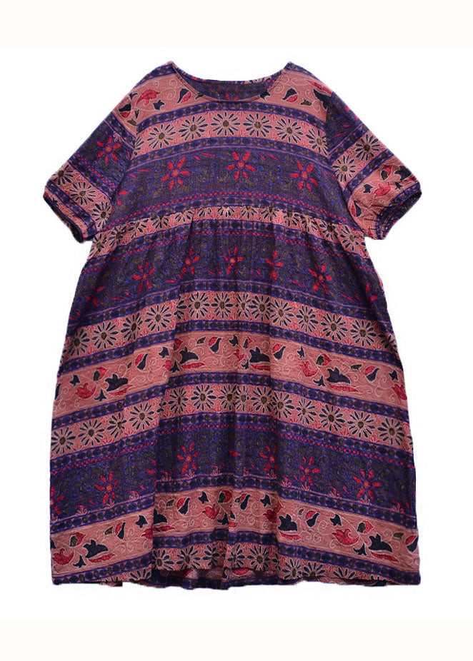 Colorblock O Neck Print Patchwork Linen Dress Summer