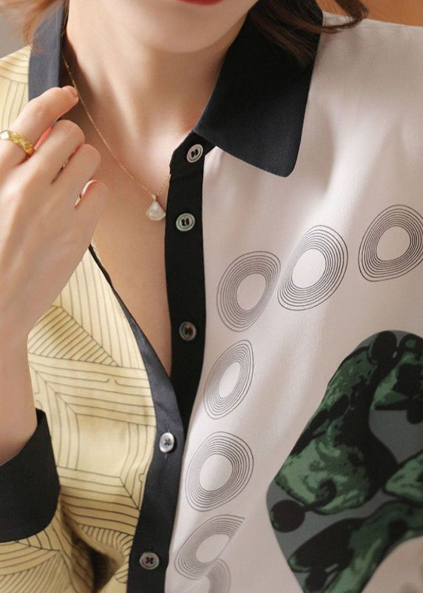 Colorblock Peter Pan Collar Button Print Silk Shirt Spring
