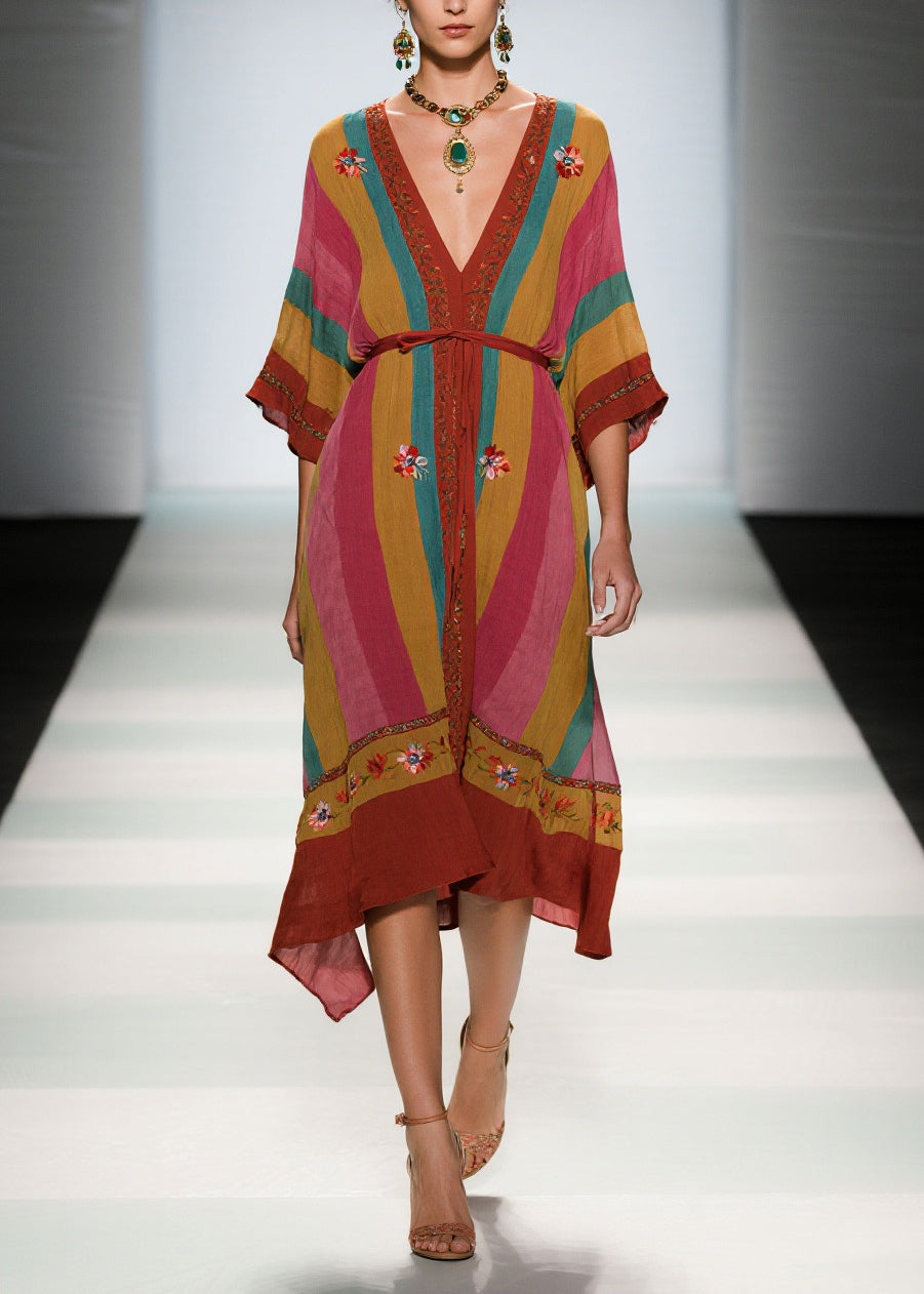 Colorblock Tie Waist Cotton Maxi Dress Summer