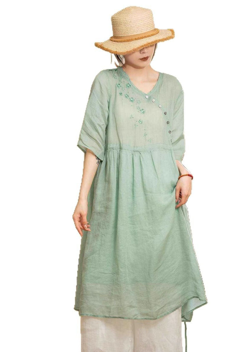 Green Embroidered Patchwork Lace Up Linen Dresses Summer