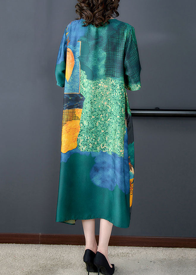 Green O Neck Print Button Patchwork Silk Dress Summer