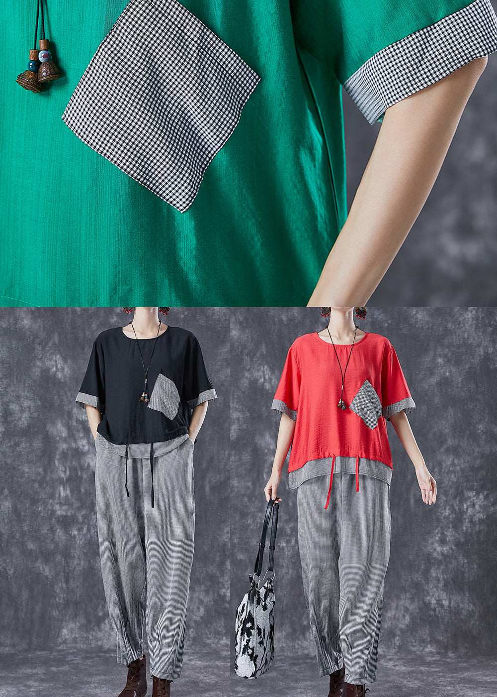 Green Oversized Patchwork Cotton Two Pieces Set Summer