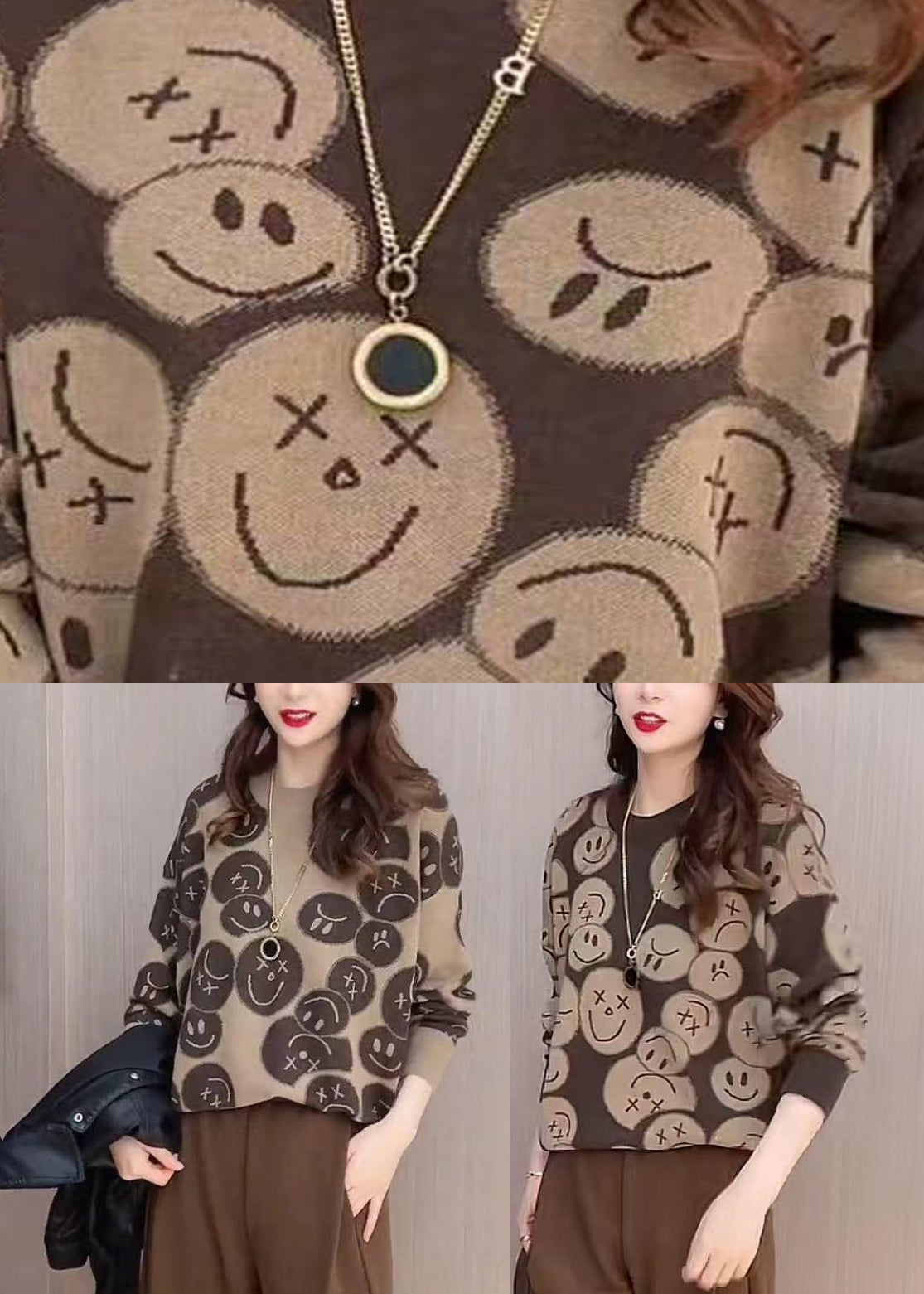 Khaki O-neck Print Knit Sweaters Fall