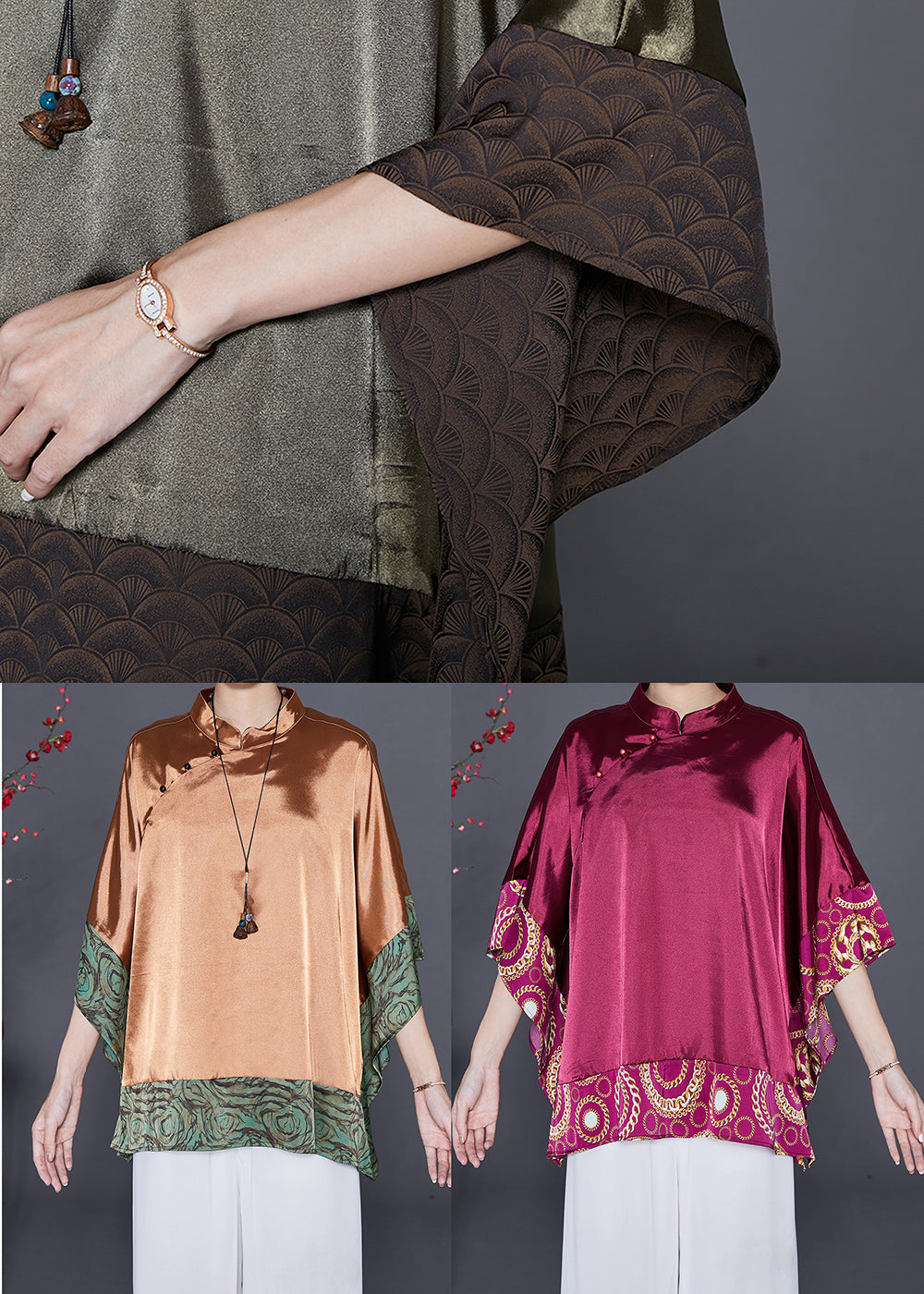 Mulberry Oversized Patchwork Silk Blouse Tops Summer