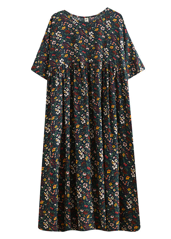 Navy O-neck Patchwork Cotton Party Maxi Dress Summer