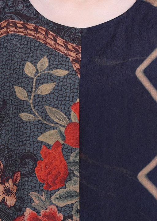 Navy Print Patchwork Batwing Sleeve Silk Long Dress Summer