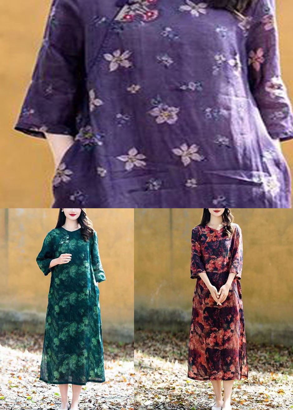 Red Print Chinese Button Patchwork Linen Long Dresses Summer