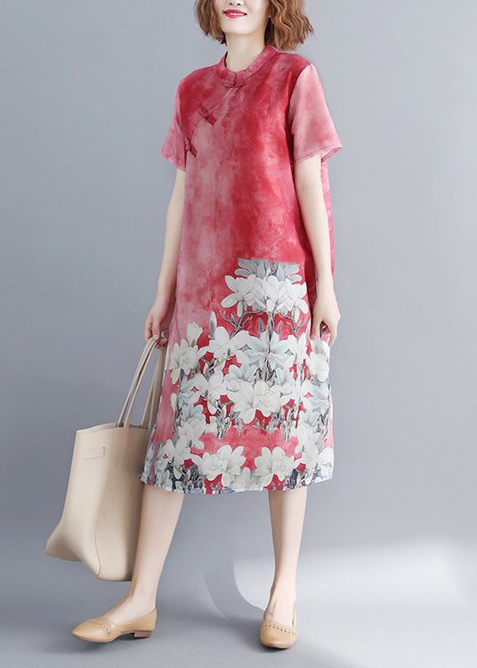 Red Stand Collar Side Open Cheongsam Dress Short Sleeve